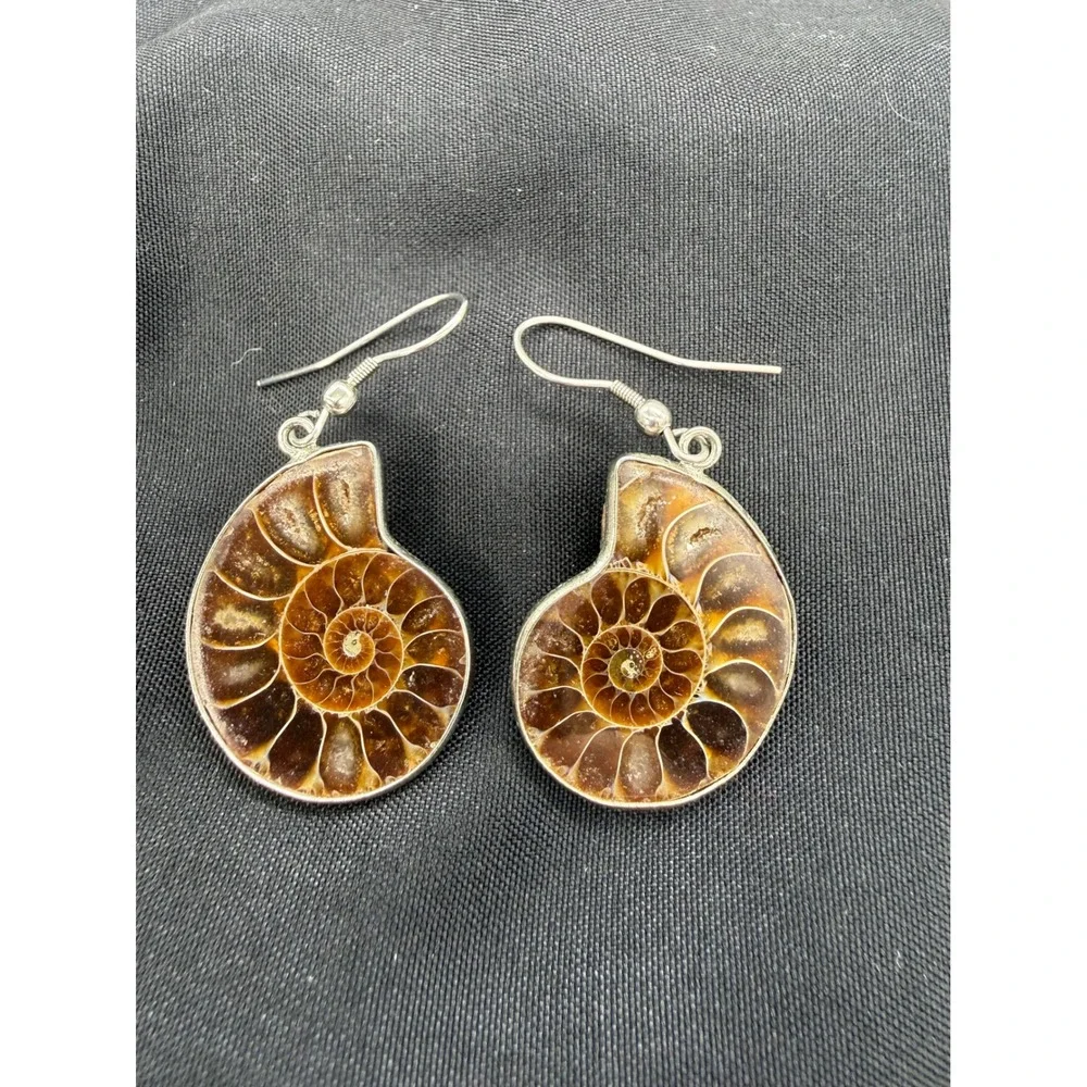 Natural Ammonite Fossil Dangle Earrings Polished Spiral Earthy Boho Brown Gift
